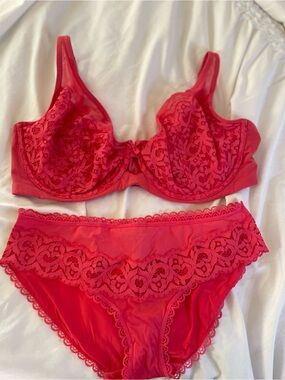 Victoria's Secret Red Lace Underwire Bra & Lace Bikini Briefs
